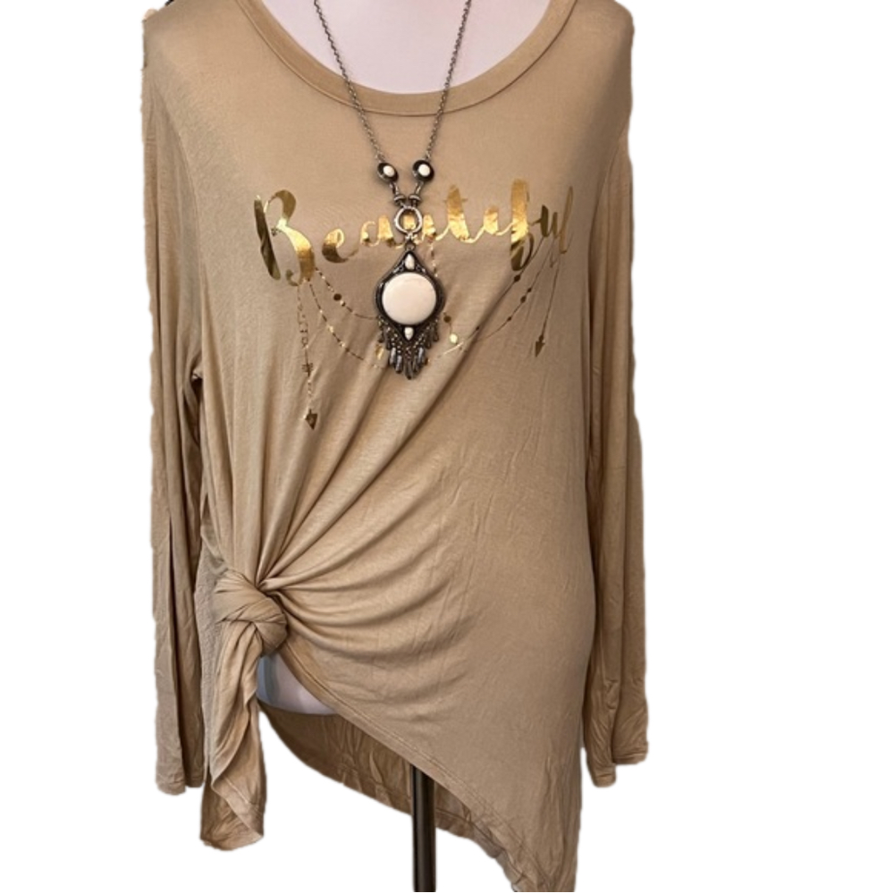 Tan “Beautiful” Foil Graphic Top – Long Sleeve Knot Hem Tee with Necklace - Picture 7 of 7